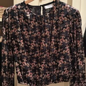 Astr Floral Long-Sleeve Black Blouse with Pink & Brown Flowers
